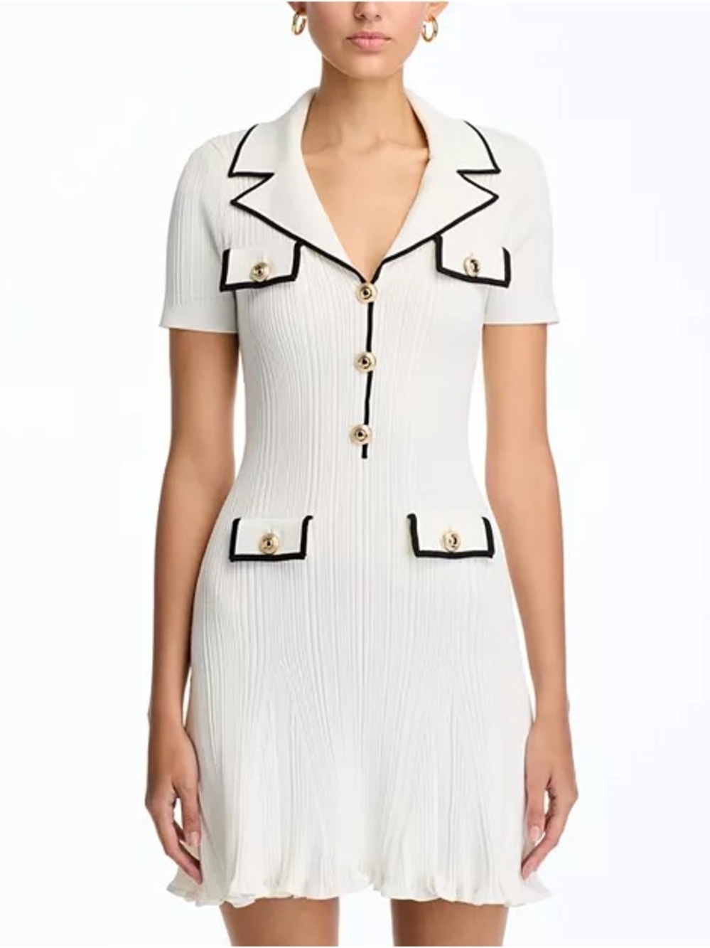 Self-Portrait White Mini Dress with Black Piping and Gold Buttons - Picture 7 of 7